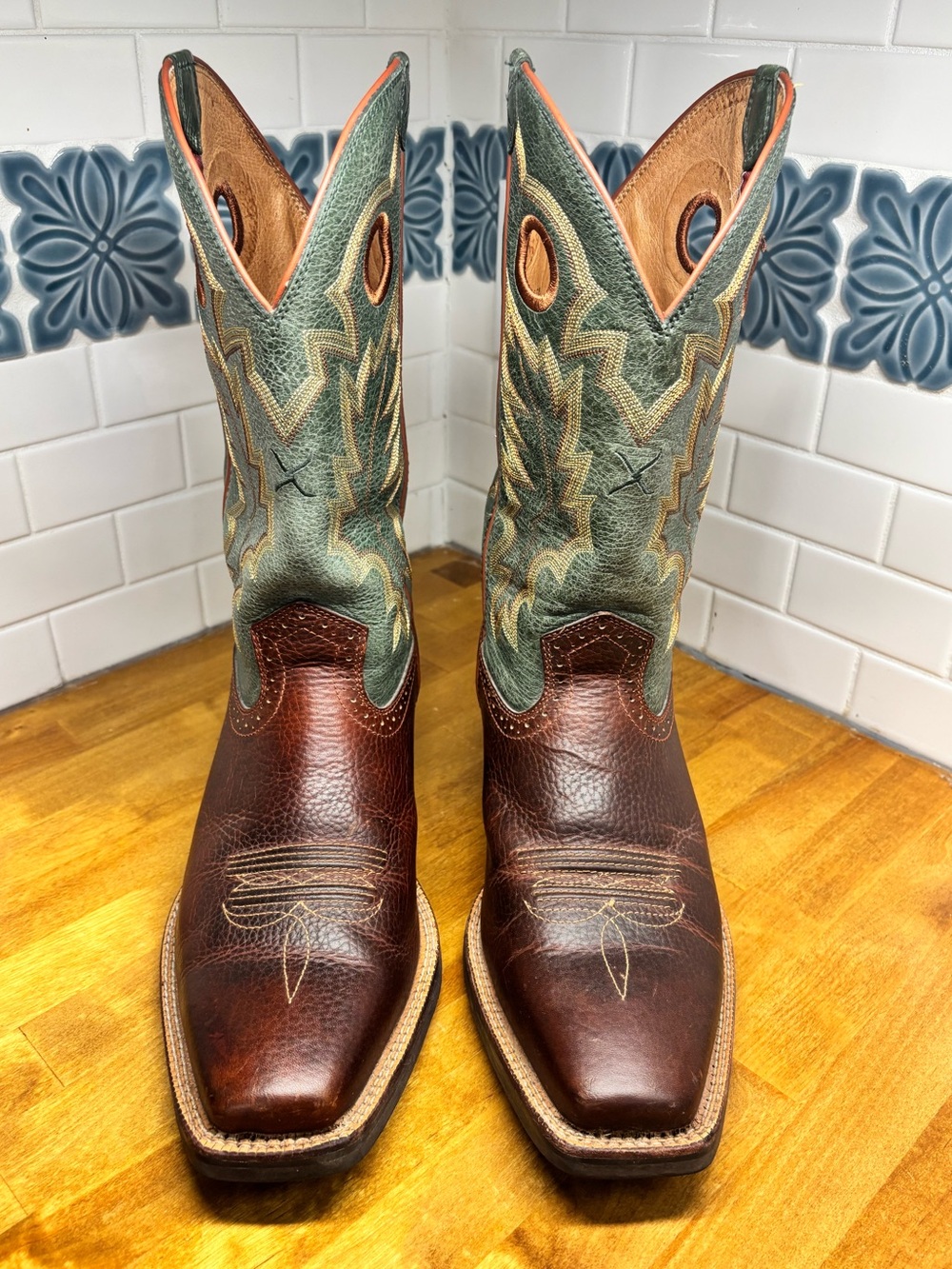 Ariat Men’s 11 D Brown Green Leather Square Toe Western Cowboy Boots